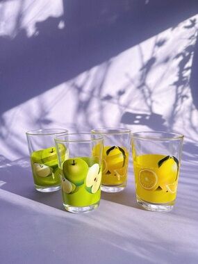 Fruit Print Glass Tumbler Set - Green Apple & Yellow Lemon